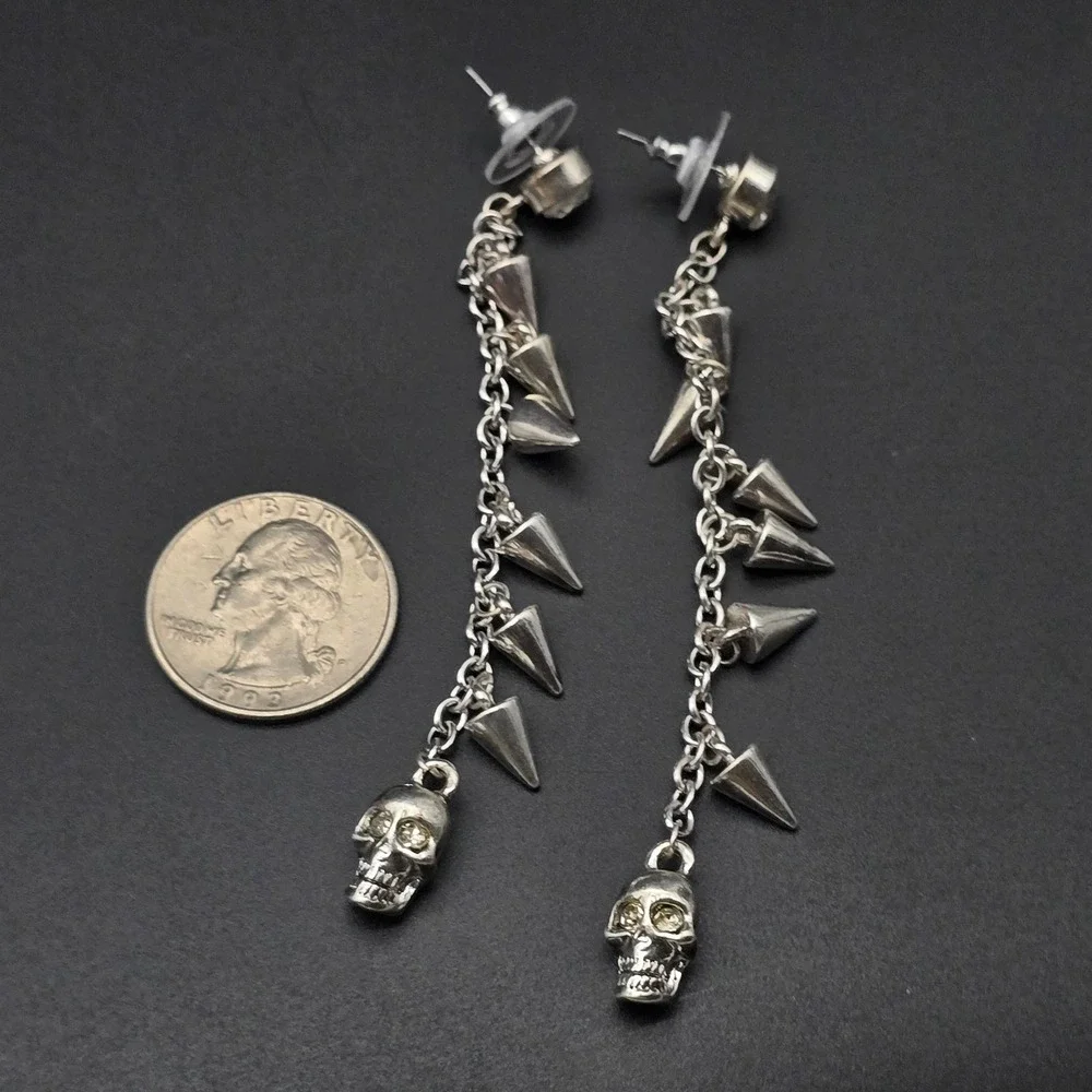 Studded Spike Skull Earrings Dangle Drop Pierced Punk Edgy